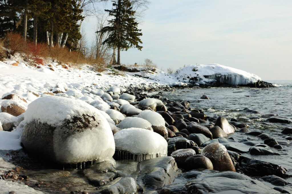 An image of a Lake Superior beach in winter during one of our retreats.